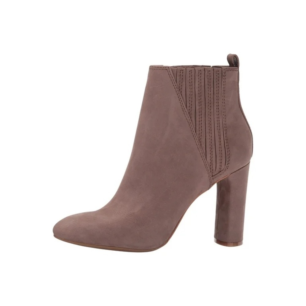 Vince Camuto Fateen Round Toe Cylinder Heel Bootie in Taupe Suede | US 6.5